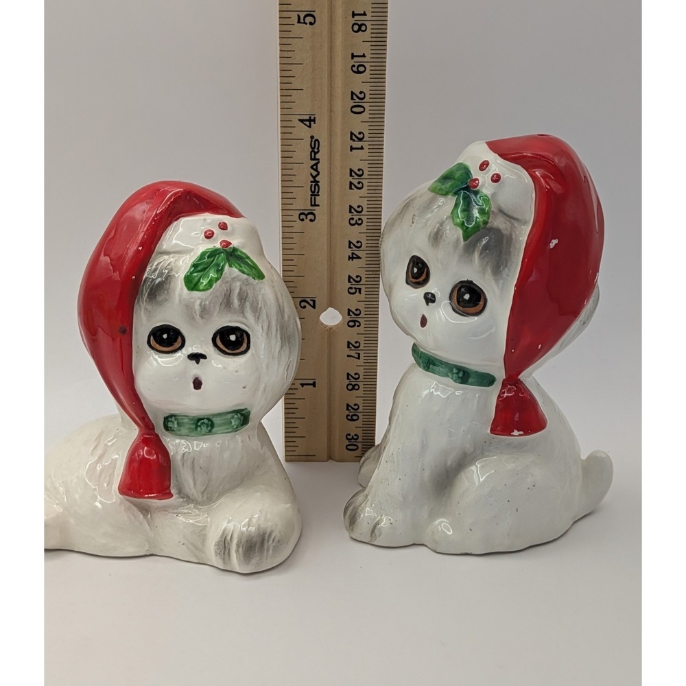 Vintage Christmas White Dogs Salt And Pepper Shakers X-488 Santa Hat. Japan - Picture 16 of 16
